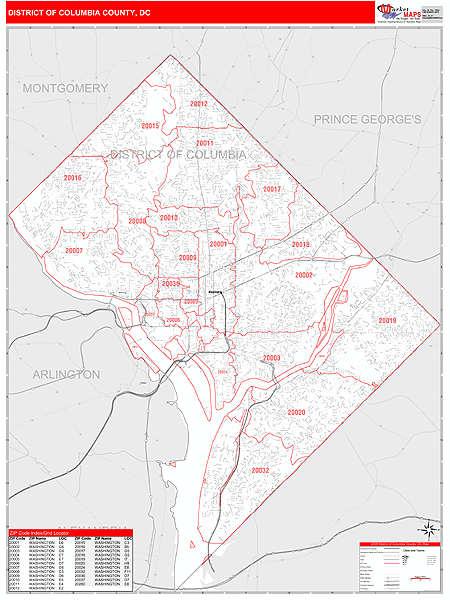District of Columbia County, DC Wall Map Red Line Style